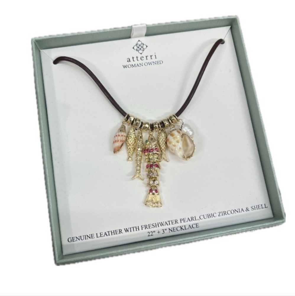 🐚🔹️ATTERRI 🔹Genuine Leather, With Freshwater Pearl 22" Cubic Z Shell necklace
